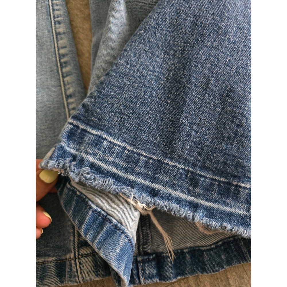 GAP 70s Flare High Rise Patched Two Tone Jeans Light Wash Raw Hem 32 14R Womens - Picture 10 of 11